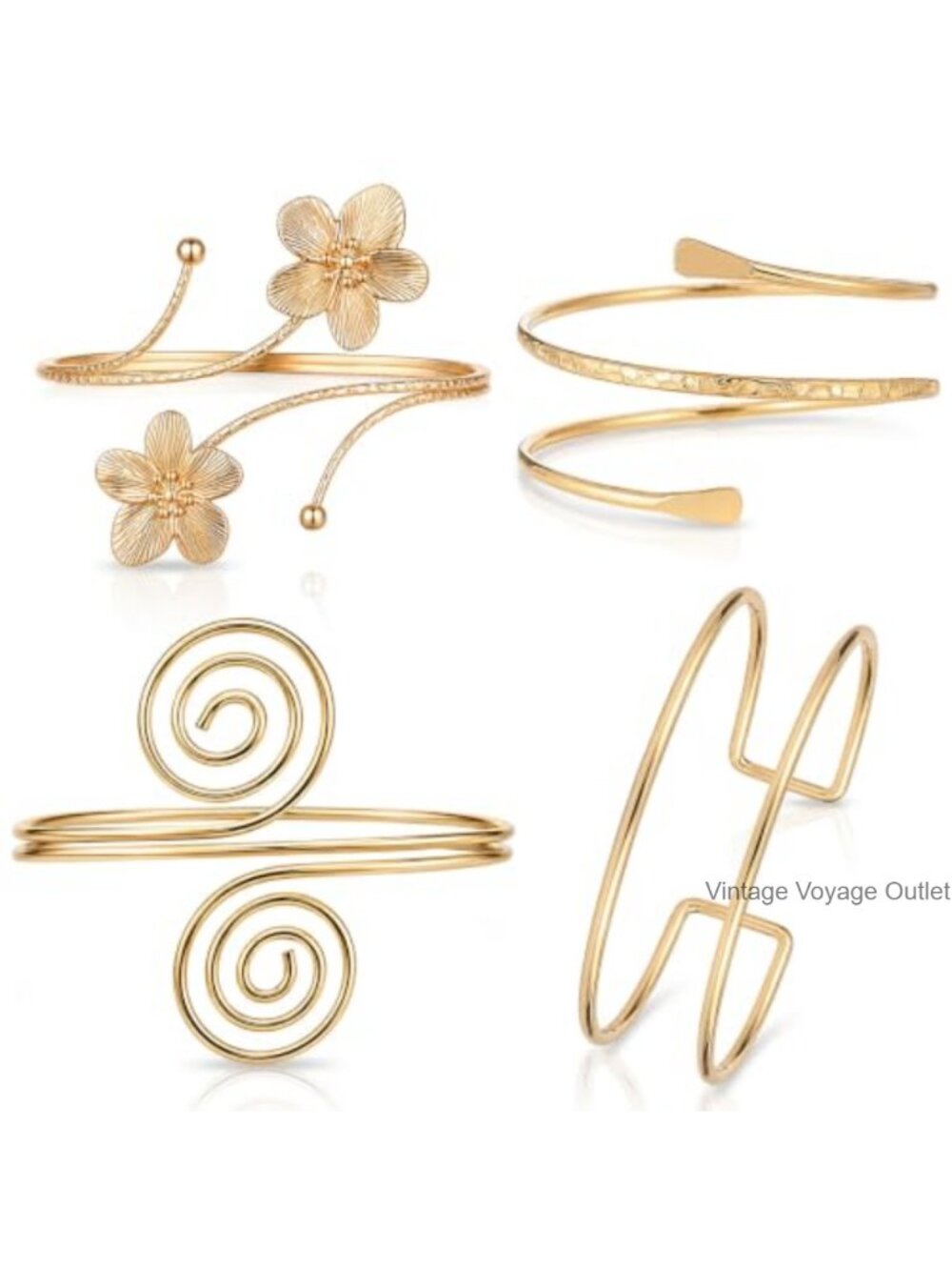 4Pc Brass Cuff Bracelets Set Adjustable Open Spiral Arm Jewelry
